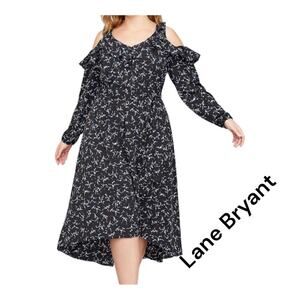 Lane Bryant womens size 26 3x 4x black floral dress midi cold shoulder ruffle cu